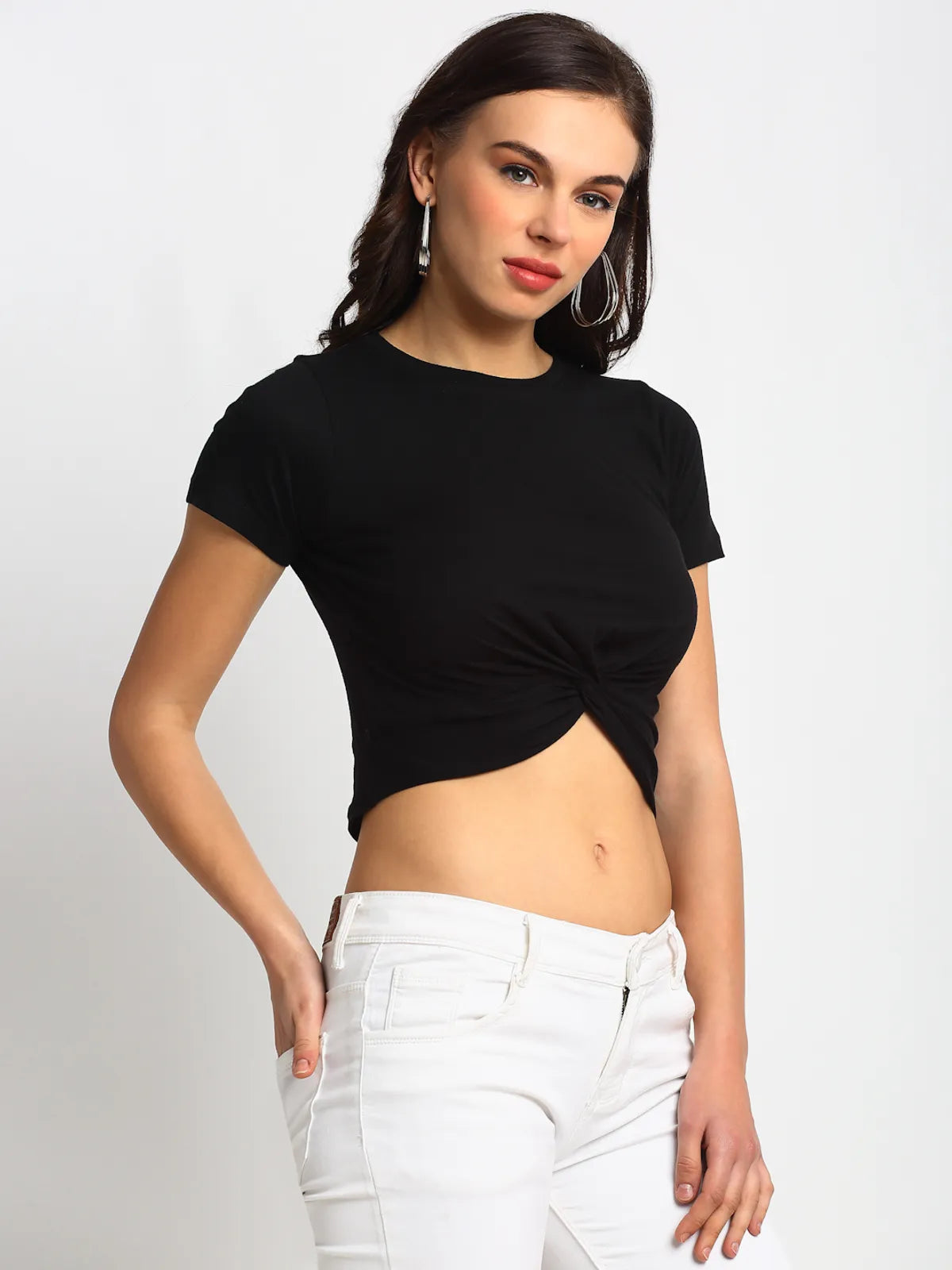 Black Front Knot Crop Top for Women - XS, Black image