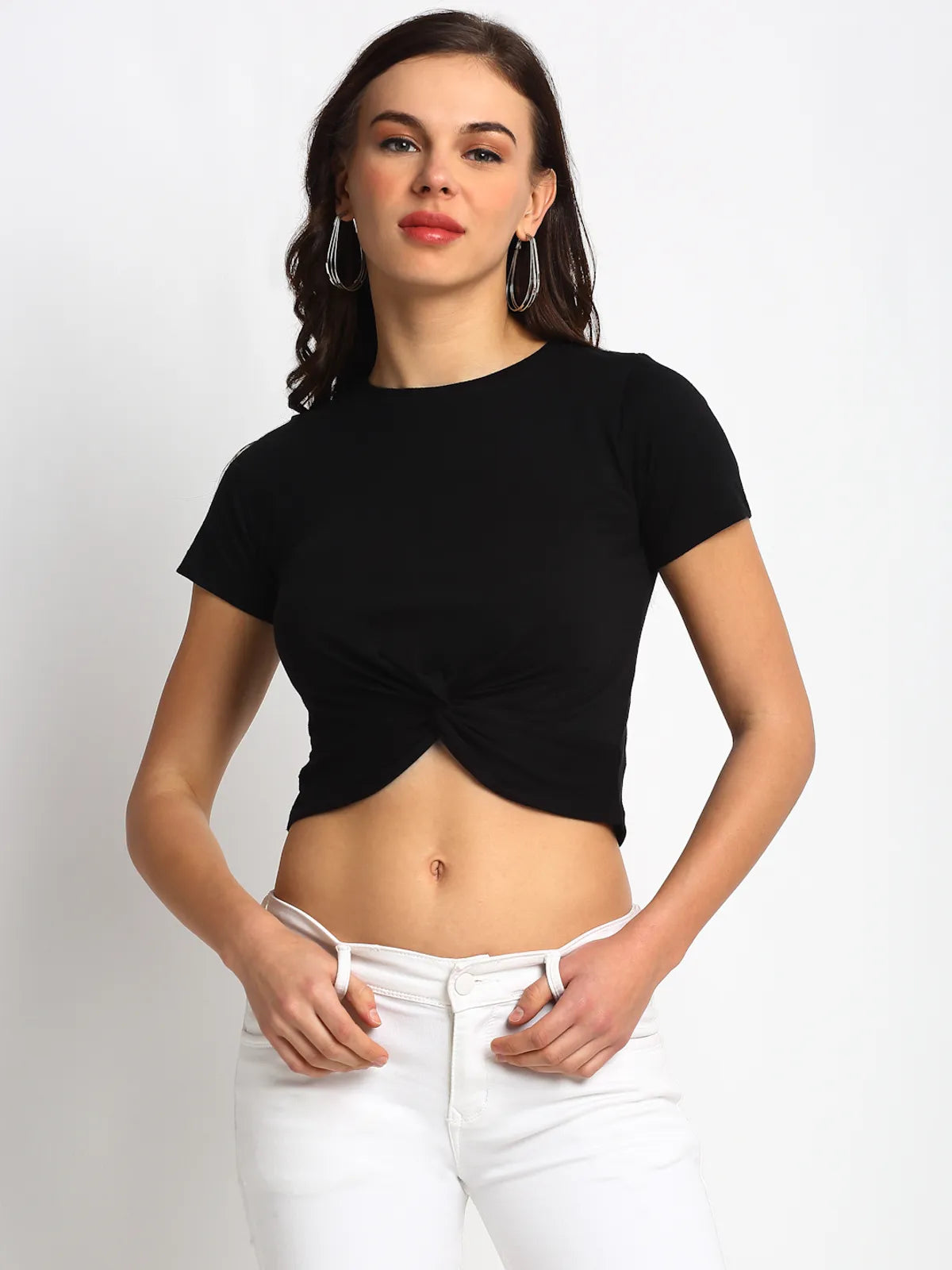 Black Front Knot Crop Top for Women - S, Black image