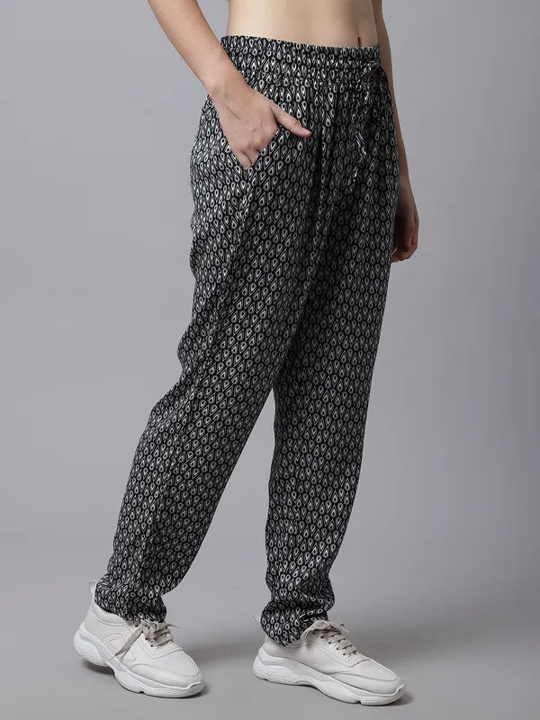 Black Cotton Printed Joggers For Women image 2