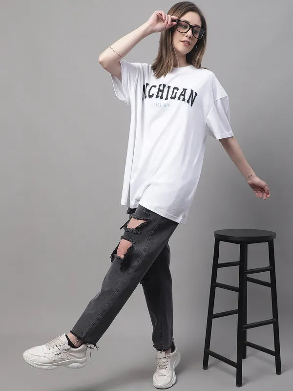 White Cotton Printed Oversized Round-Neck T-Shirt For Women image 4