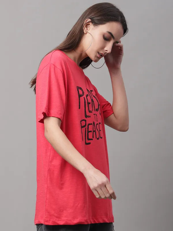 Red Cotton Printed Regular-Fit Round-Neck T-shirt For Women image 3
