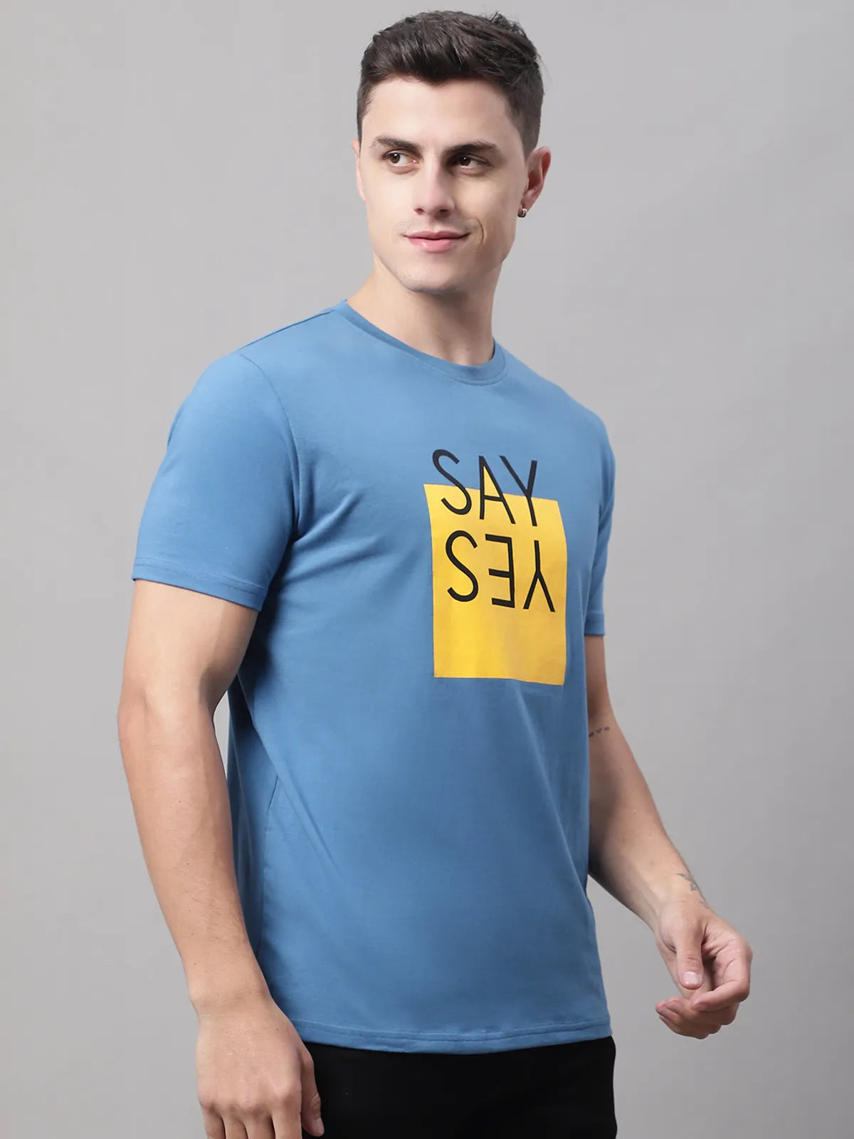 Blue-Printed Regular-Fit T-shirt For Men