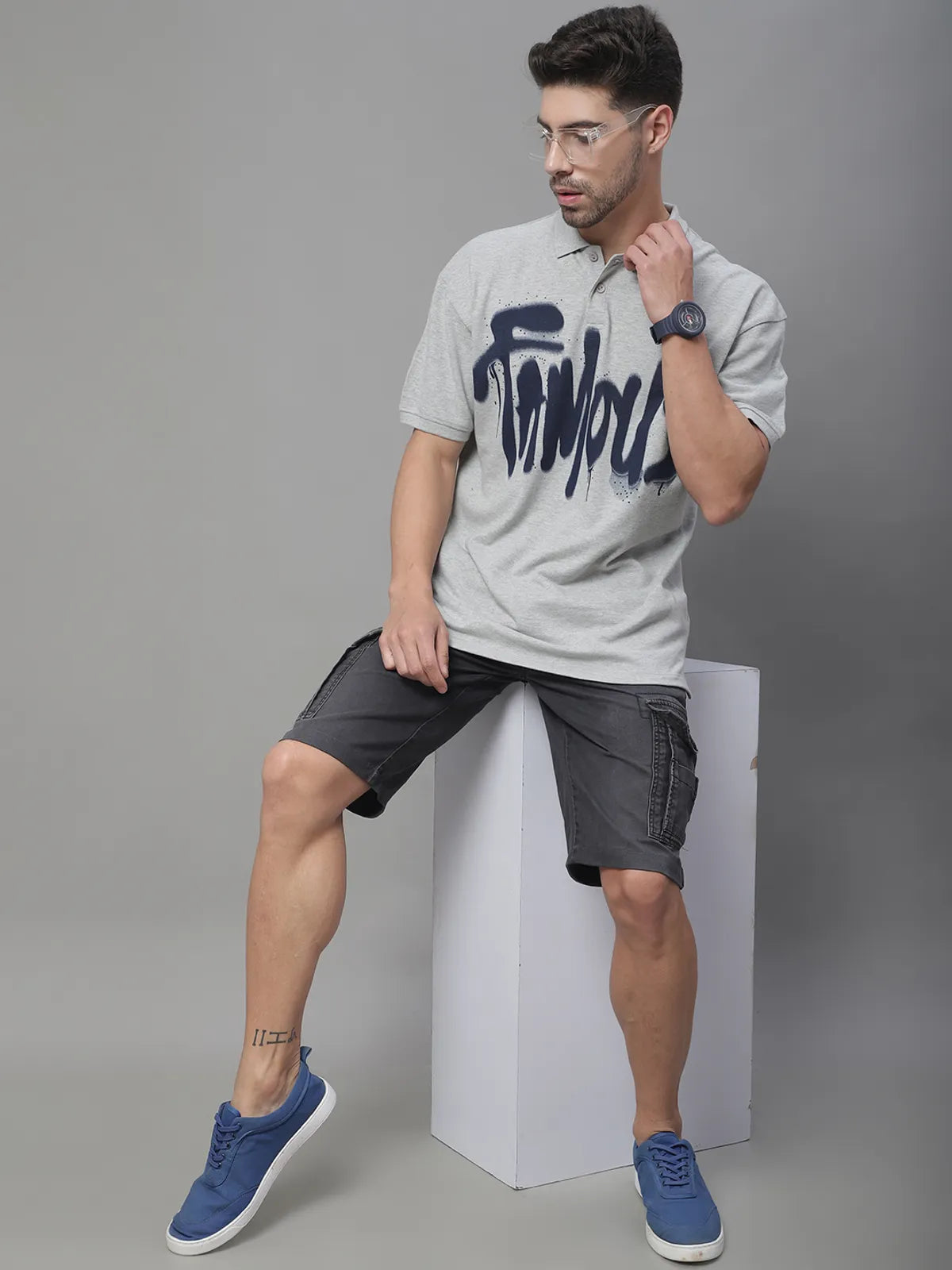 Grey Oversized Printed Polo T-shirt for Men
