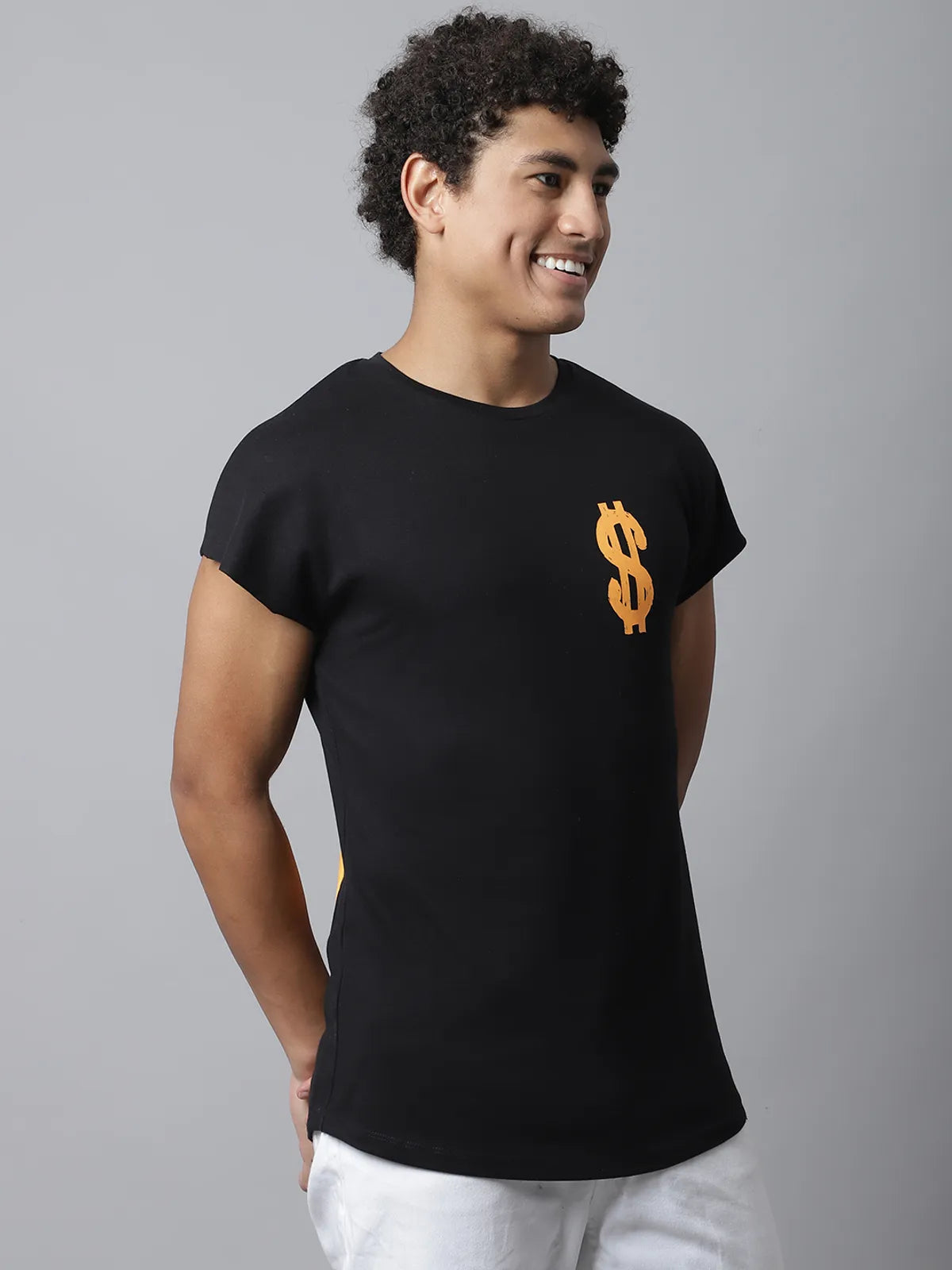 Black Cotton Printed Dollar Sign Regular-Fit T-shirt For Men