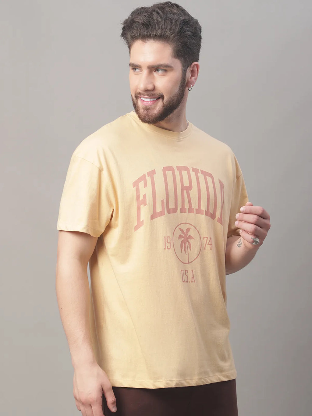 Beige Cotton Printed Oversized T-shirt For Men