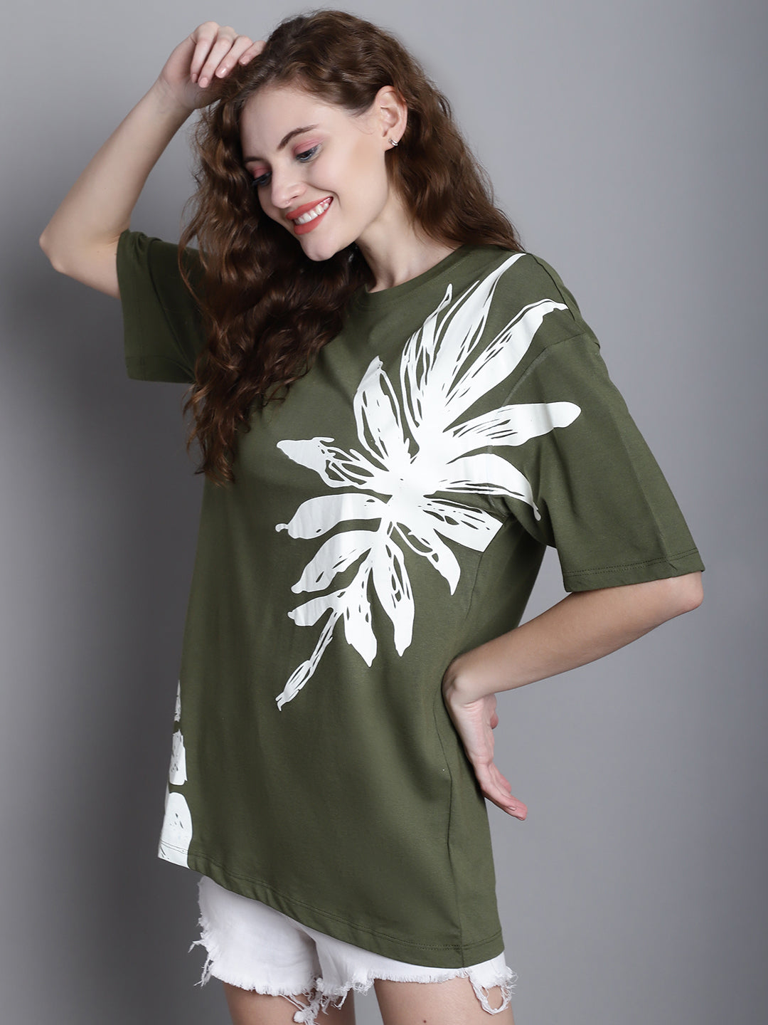 Women's Floral Printed Drop Shoulder Sleeves Oversized T-Shirt image 4