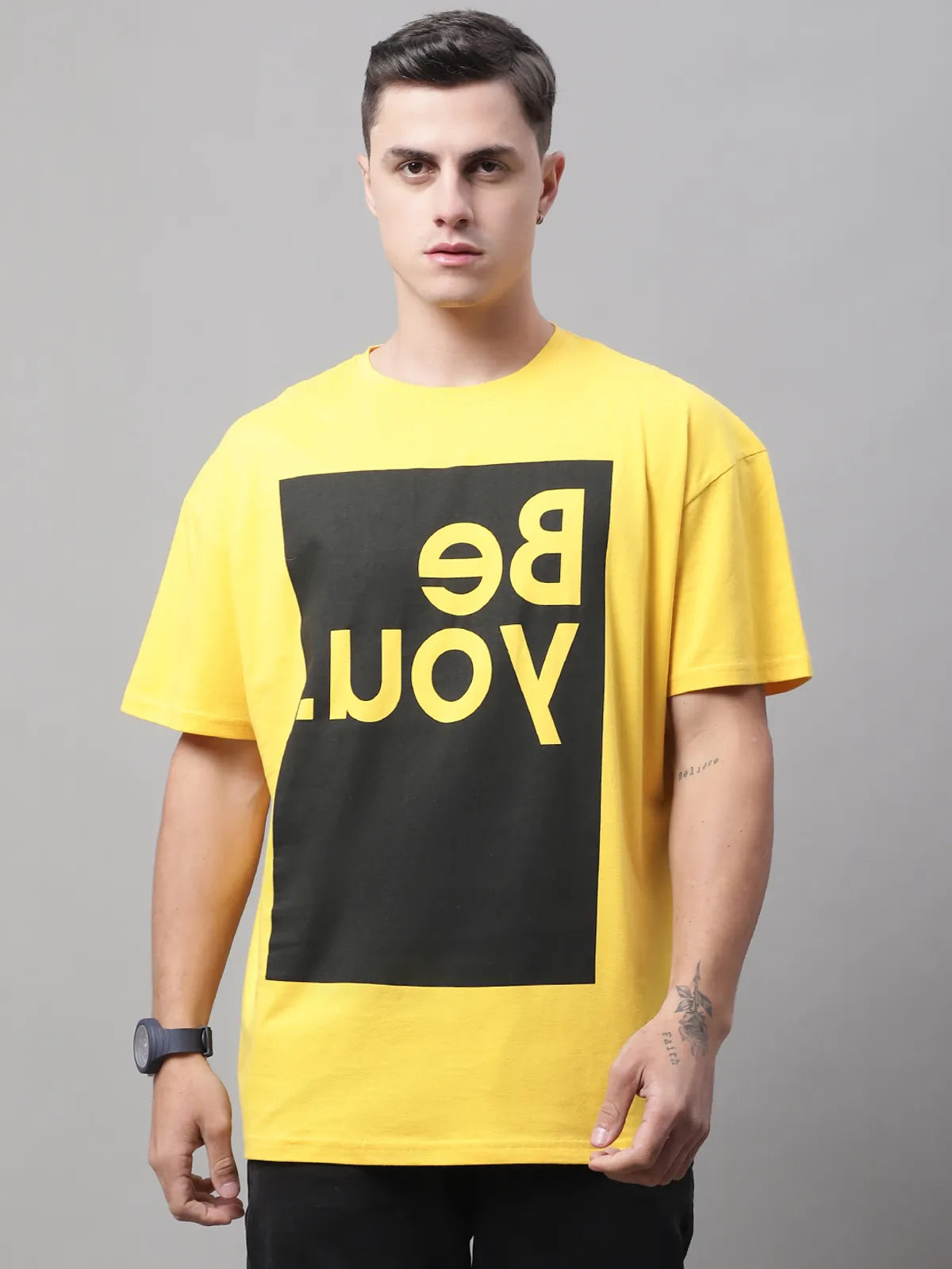 Yellow Cotton Printed Oversized T-Shirt For Men
