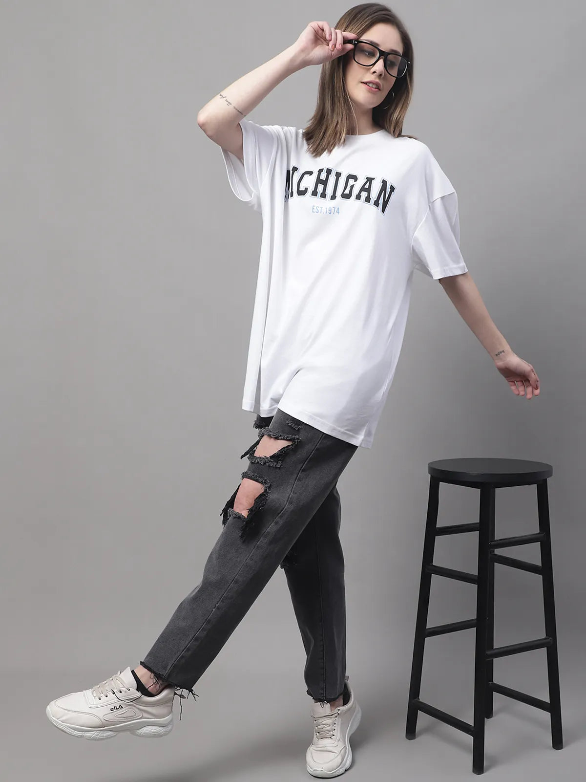 White Cotton Printed Oversized Round-Neck T-Shirt For Women - S image