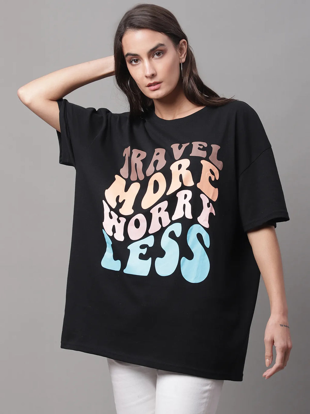 Black Cotton Printed Oversized T-shirt For Women