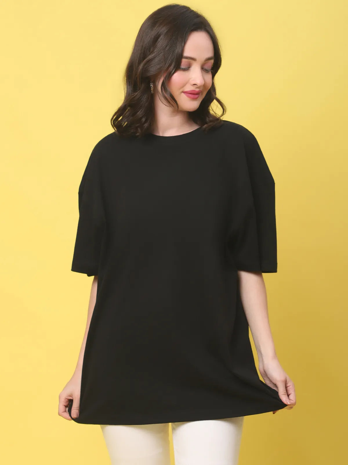 Black Cotton Solid Oversized Round-Neck T-shirt For Women