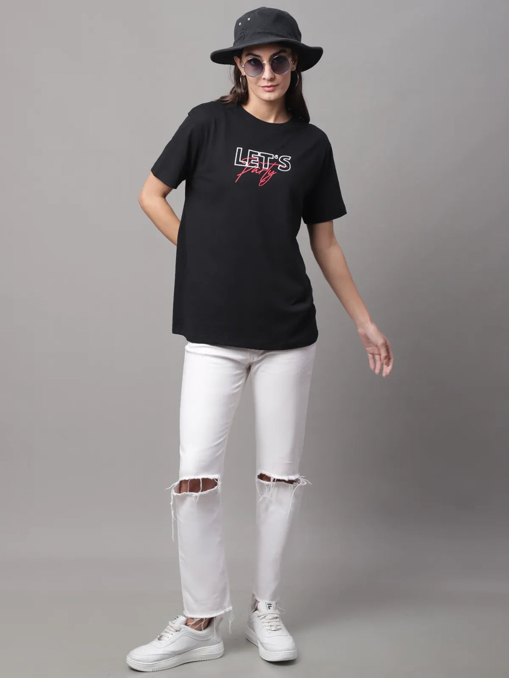 Black Cotton Printed Regular-Fit Round-Neck T-shirt For Women