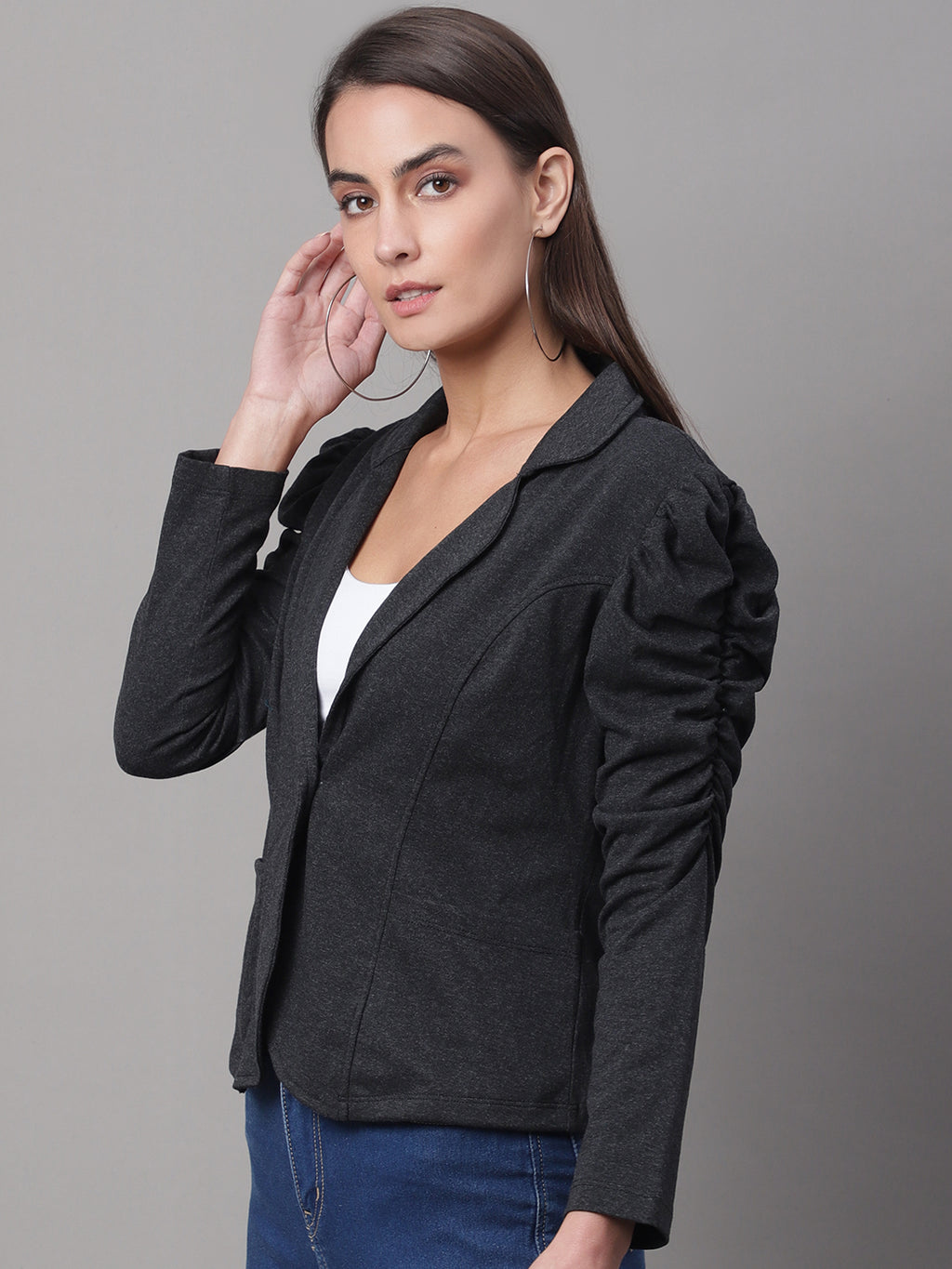 Women Black Solid Blazer image 3