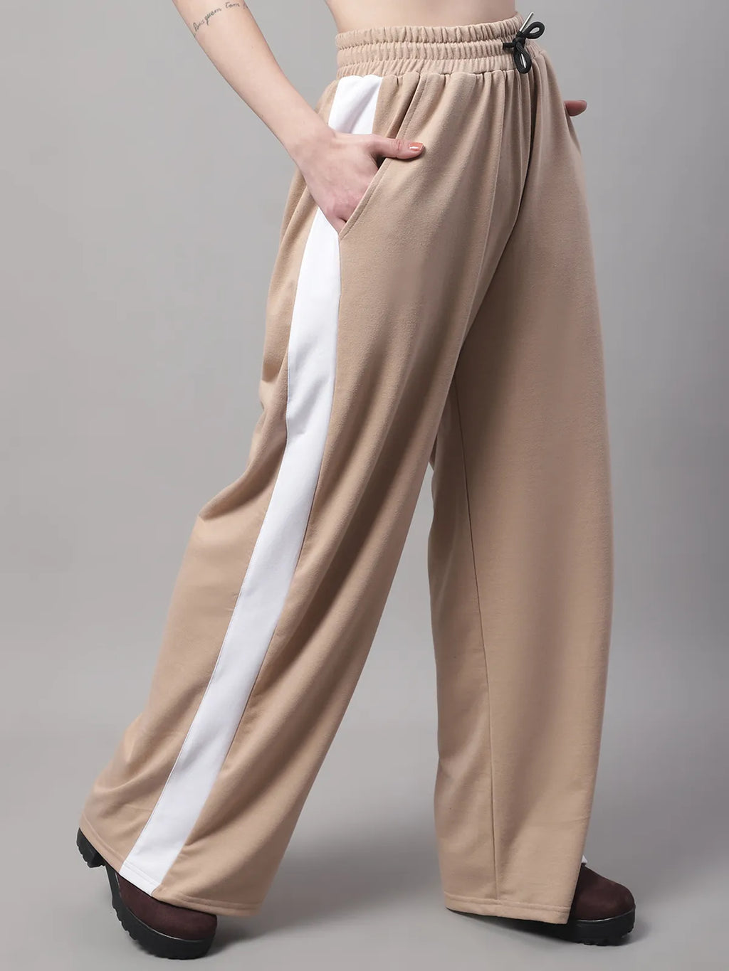 Beige Cotton Solid Joggers For Women - XL image
