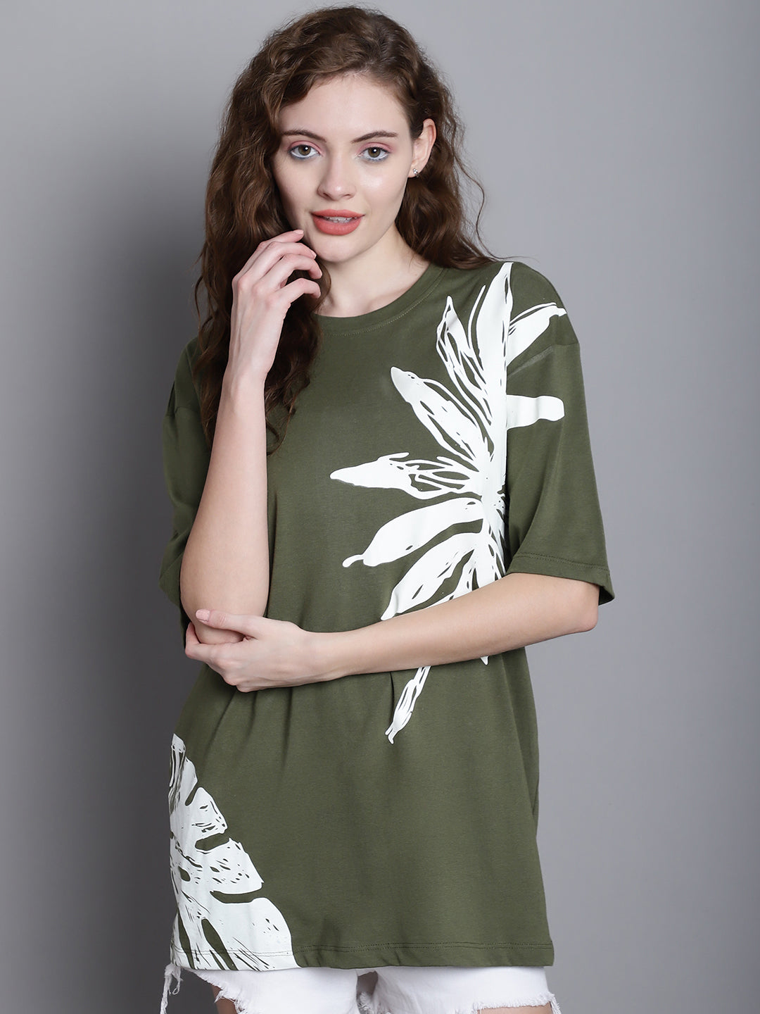 Women's Floral Printed Drop Shoulder Sleeves Oversized T-Shirt - L image