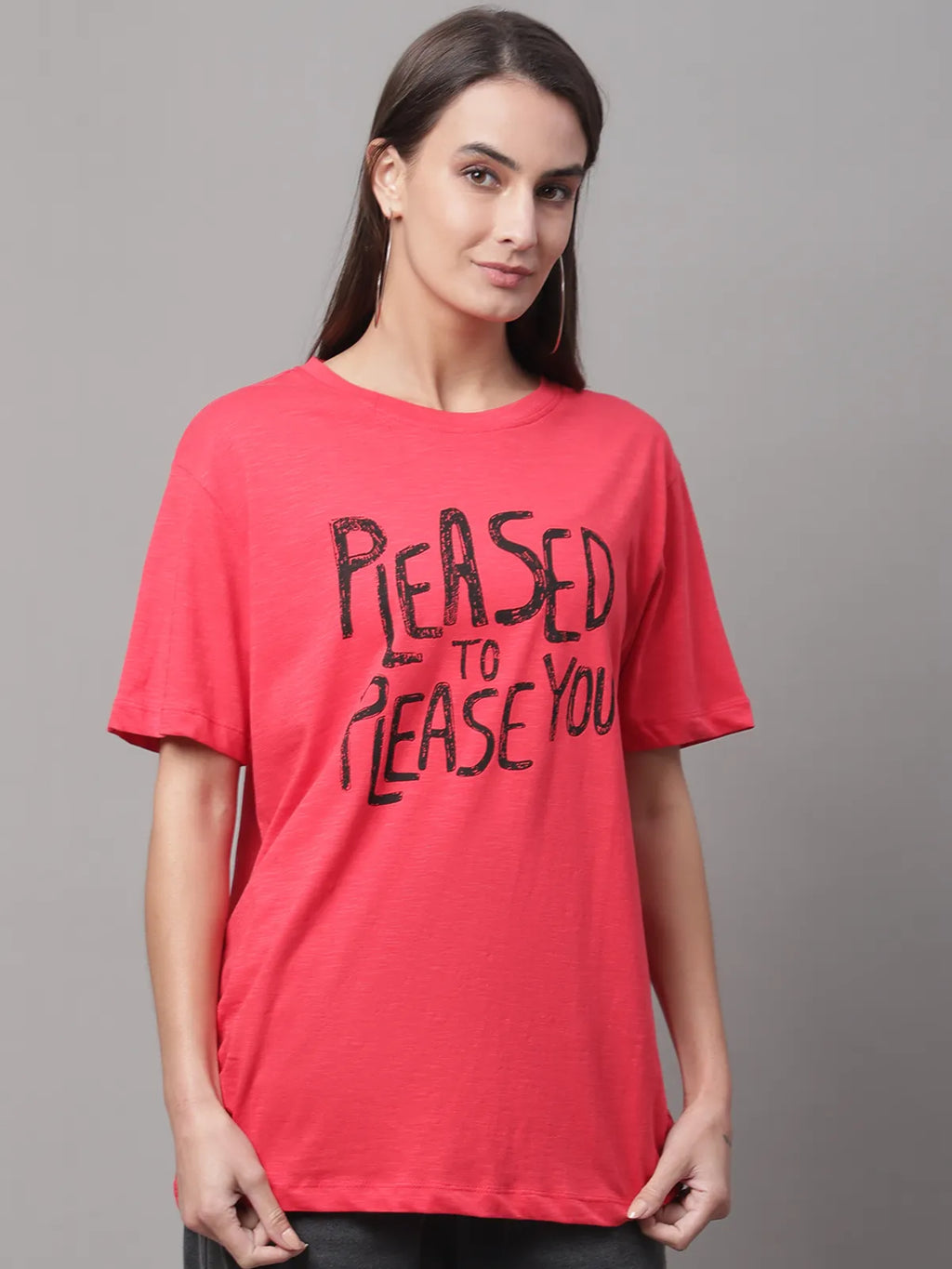 Red Cotton Printed Regular-Fit Round-Neck T-shirt For Women image 0