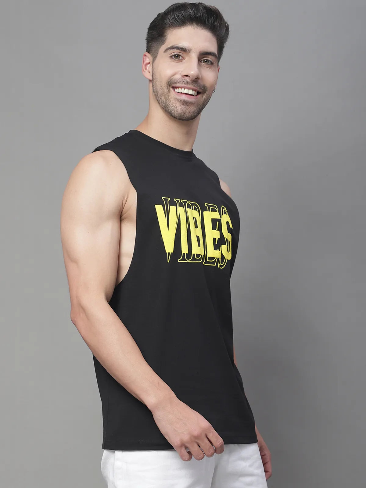Door74 Vibes Printed Drop Armhole Black Vest - S image