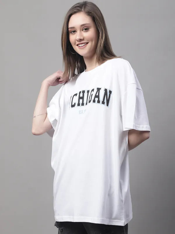 White Cotton Printed Oversized Round-Neck T-Shirt For Women image 3