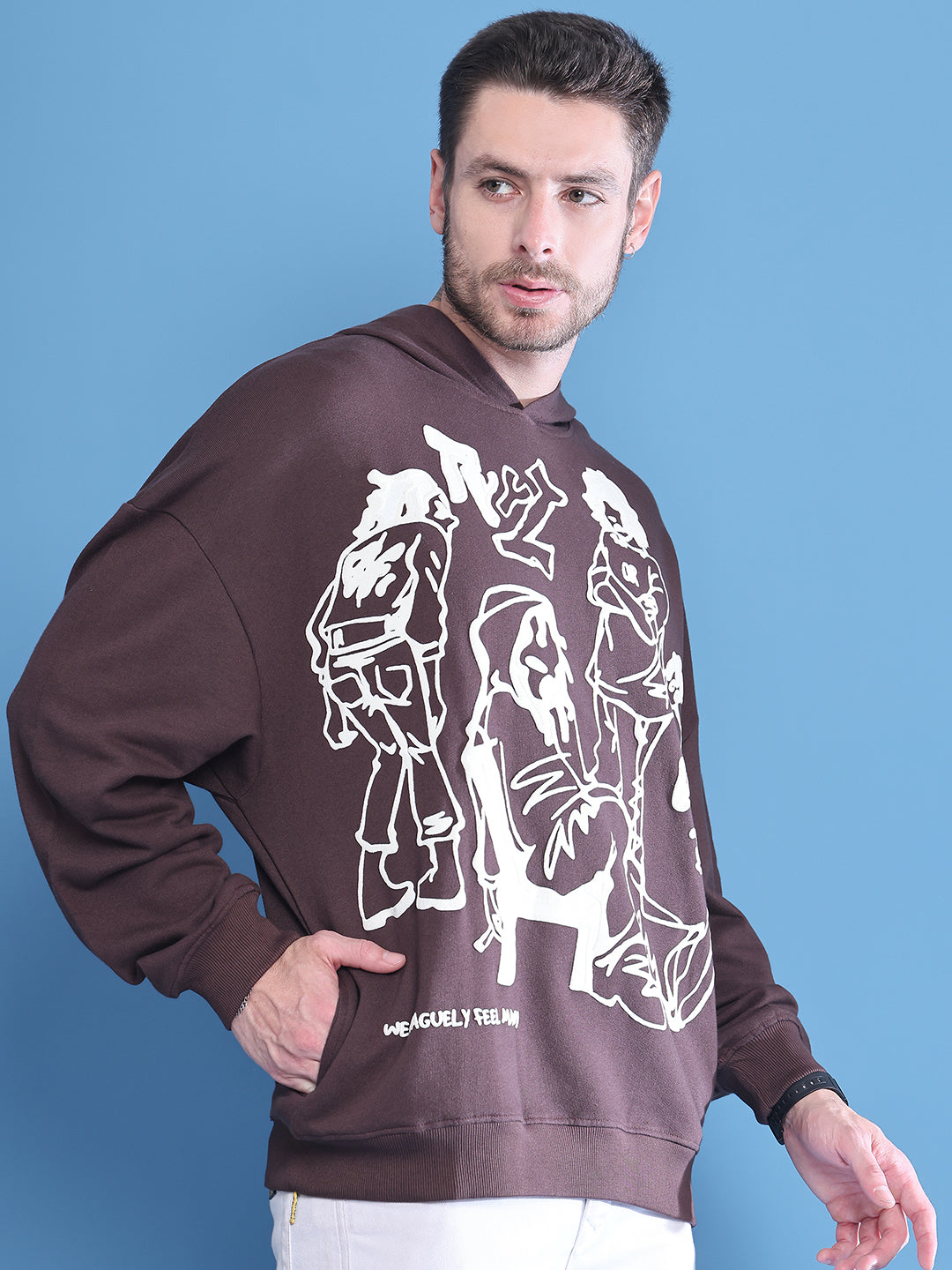 Brown Printed Hoodie For Men With Relaxed Street Style image 3