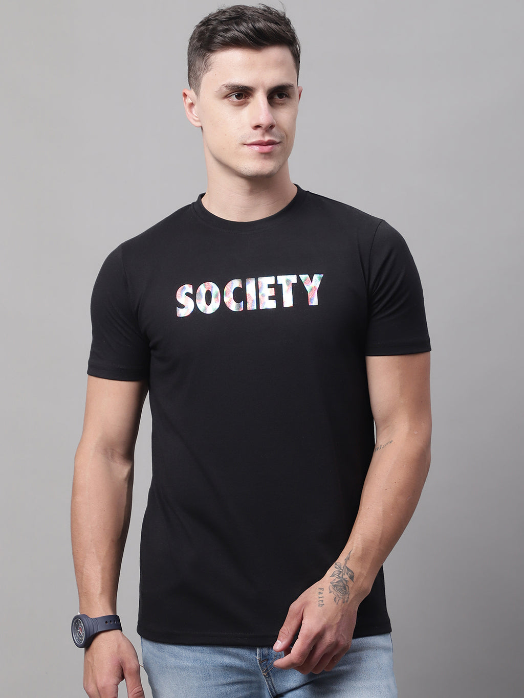 DOOR74 MENS SOCIETY PRINTED BLACK COLOR REGULAR FIT TSHIRT image 0