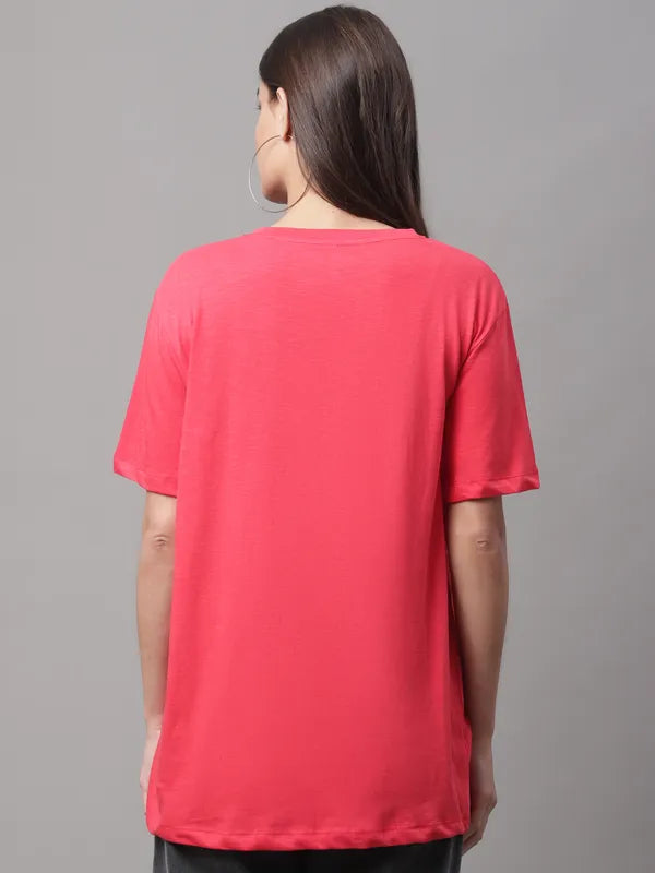 Red Cotton Printed Regular-Fit Round-Neck T-shirt For Women image 4