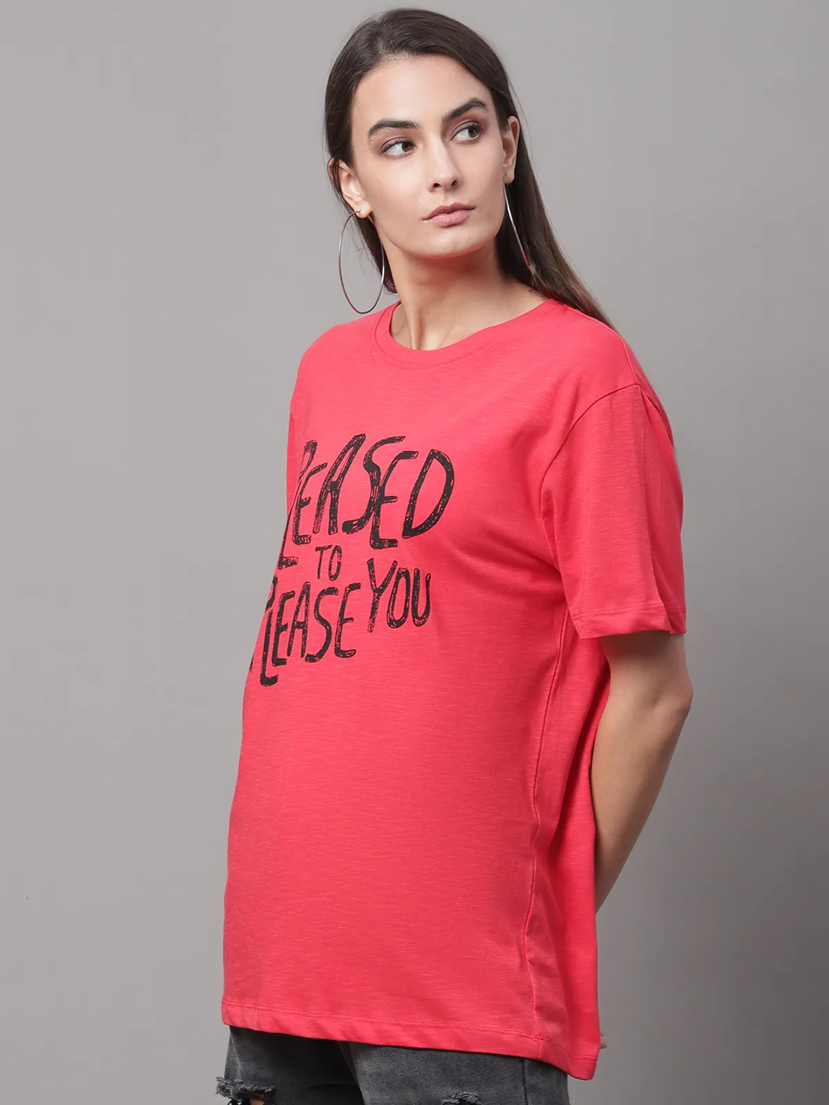 Red Cotton Printed Regular-Fit Round-Neck T-shirt For Women - M image