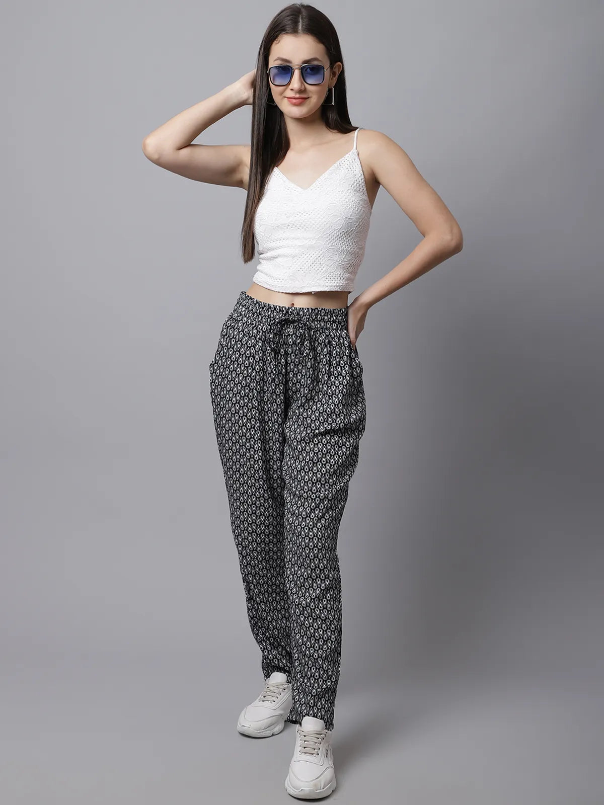 Black Cotton Printed Joggers For Women - S image