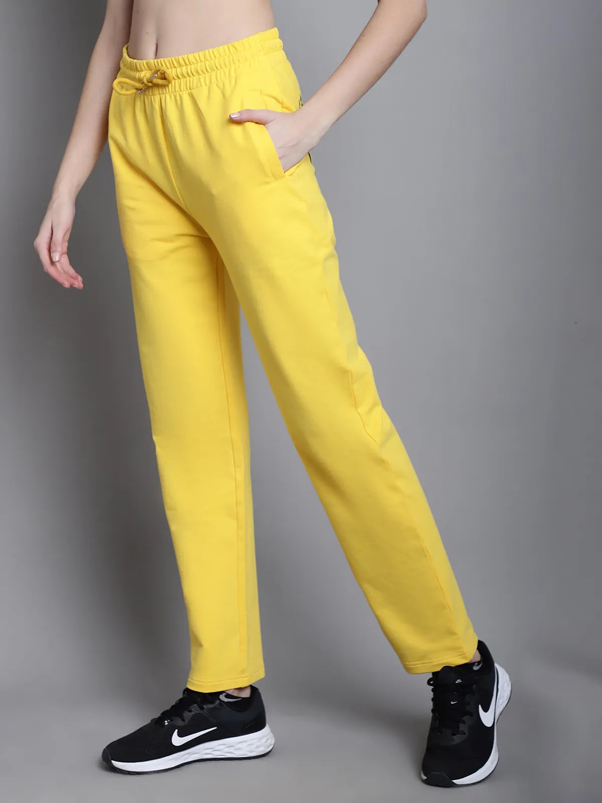 Yellow Cotton Solid Joggers For Women image 4