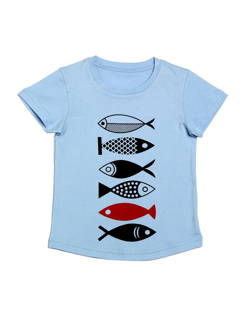 Door74 Unisex Blue Fishes Printed Round Neck T-Shirt - 11-12Y image