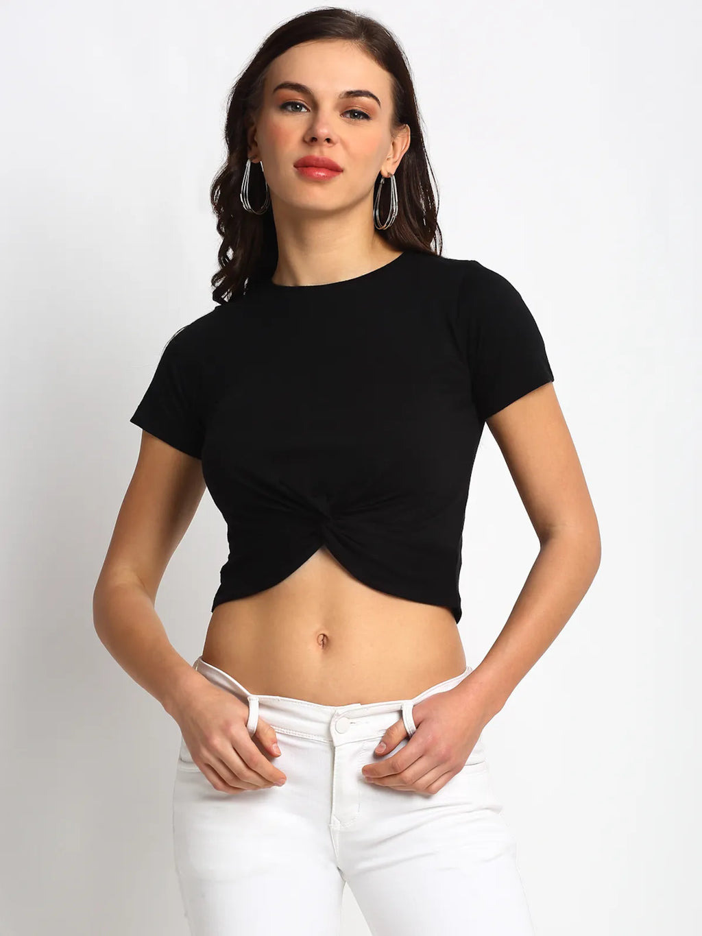 Black Front Knot Crop Top for Women - S, Black image