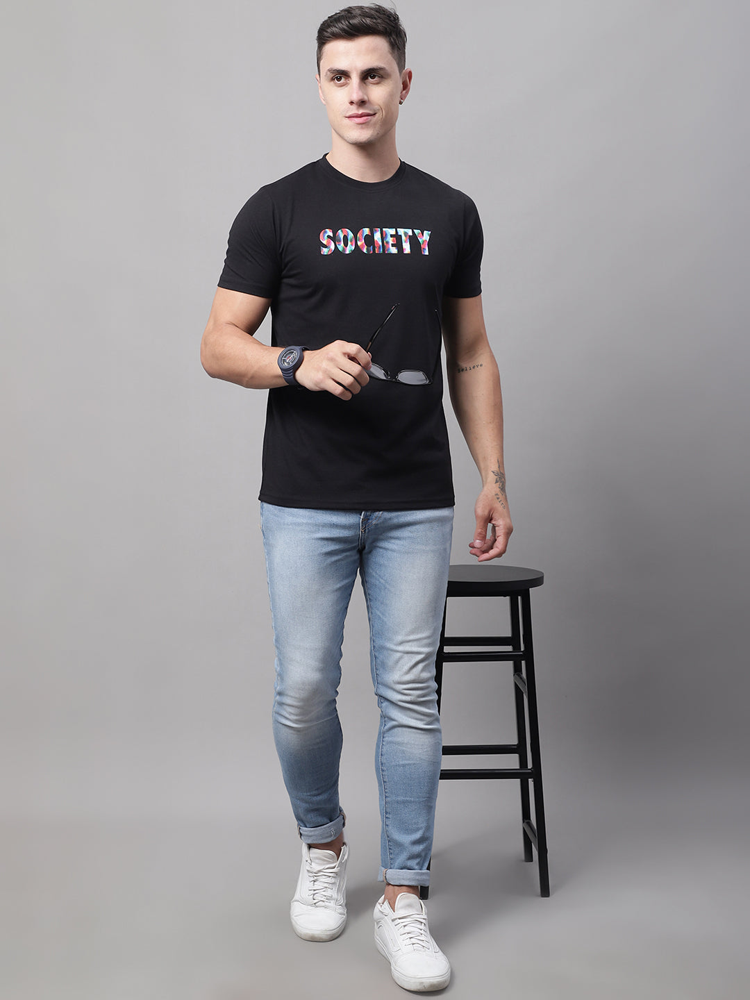 DOOR74 MENS SOCIETY PRINTED BLACK COLOR REGULAR FIT TSHIRT image 3