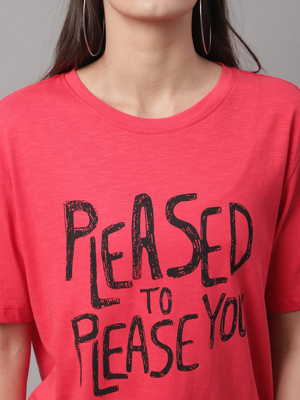 Red Cotton Printed Regular-Fit Round-Neck T-shirt For Women - XL image