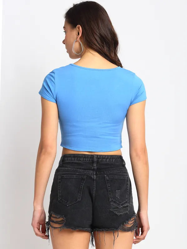 Blue Ruched Tie Up Crop Top for Women image 1