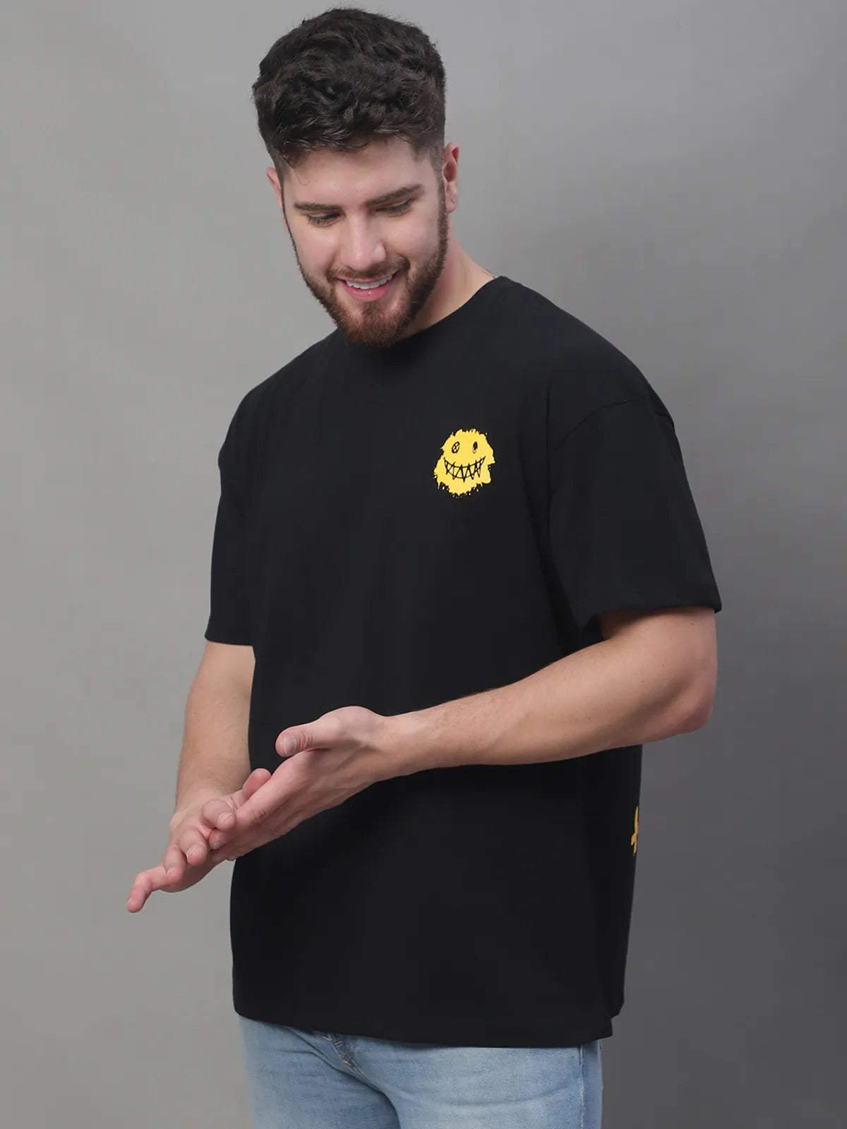 Black Smiley Face Printed Oversized T-shirt For Men