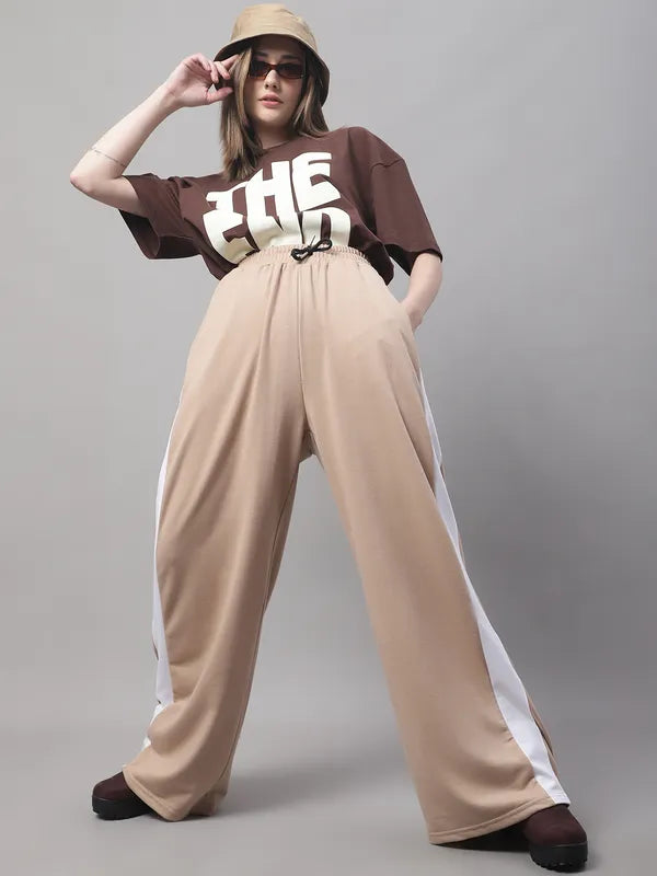 Beige Cotton Solid Joggers For Women - M image