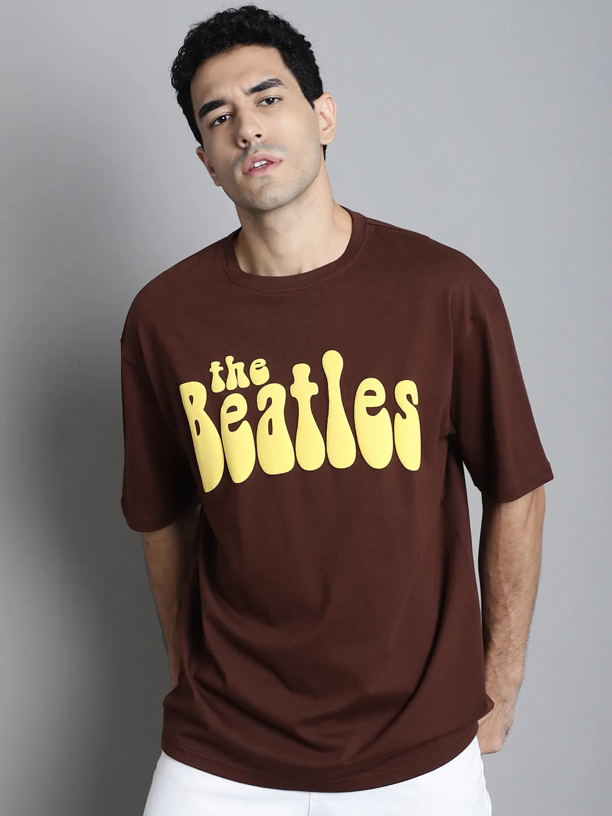 Brown Beatles Printed Oversized T-shirt For Men