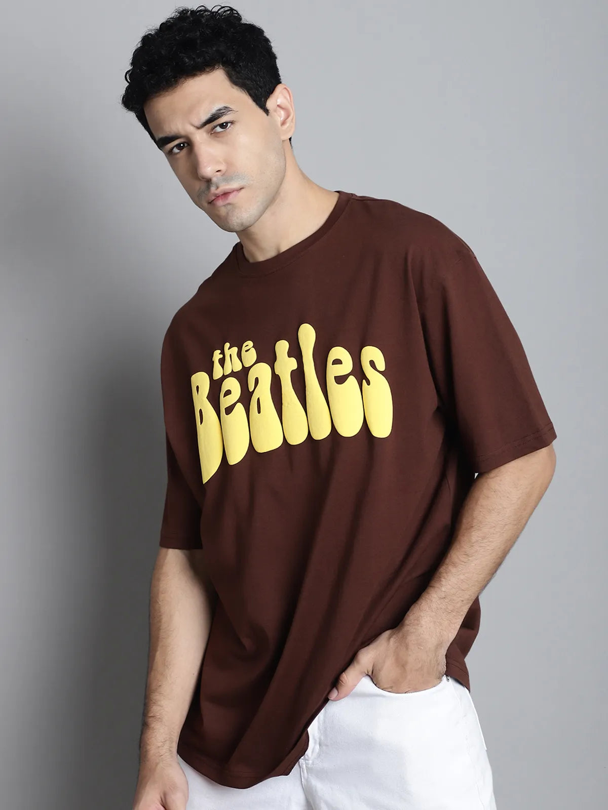 Brown Beatles Printed Oversized T-shirt For Men