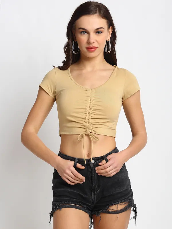 Brown Ruched Stretchable Crop Top for Women image 3