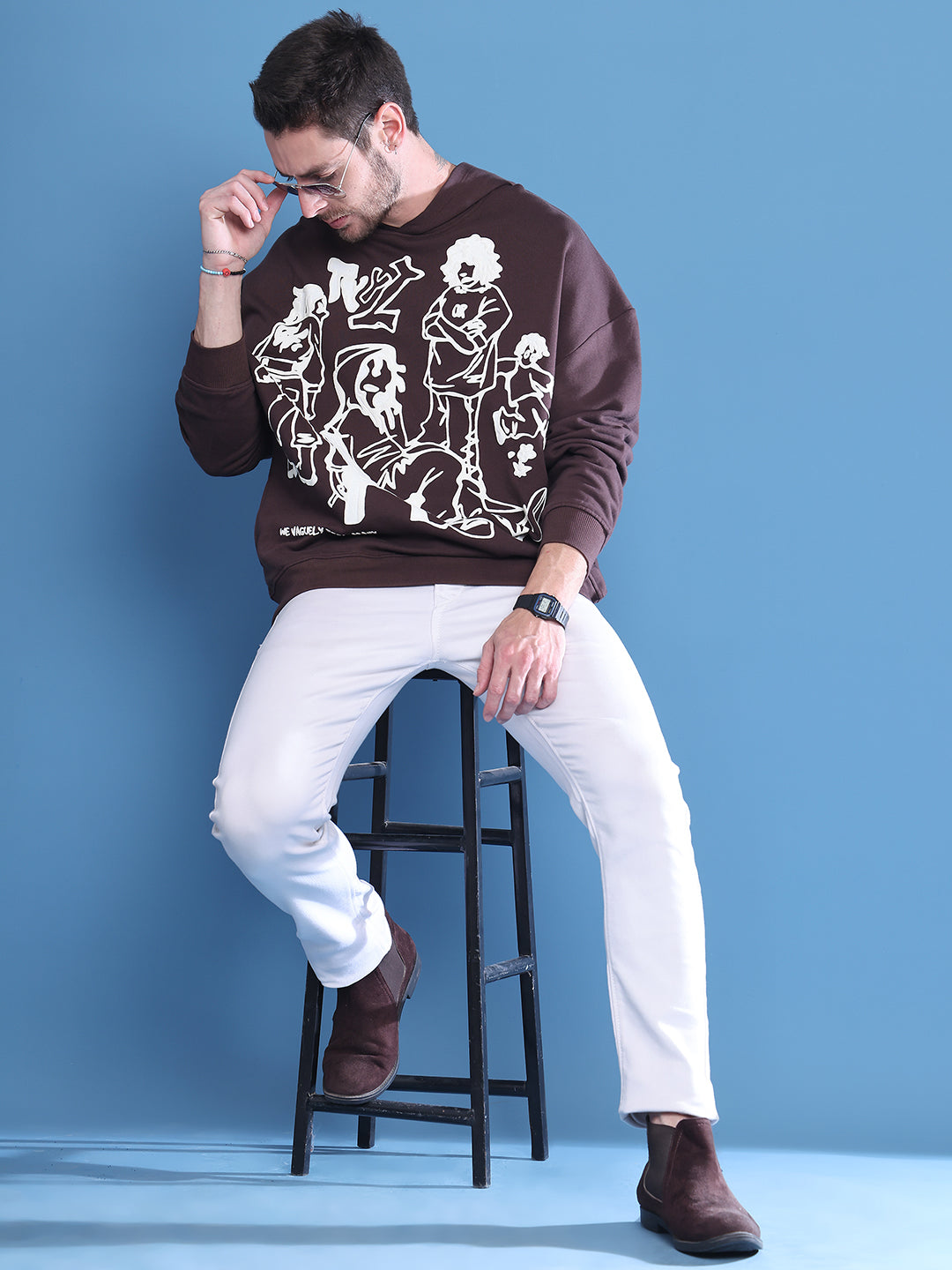 Brown Printed Hoodie For Men With Relaxed Street Style image 2
