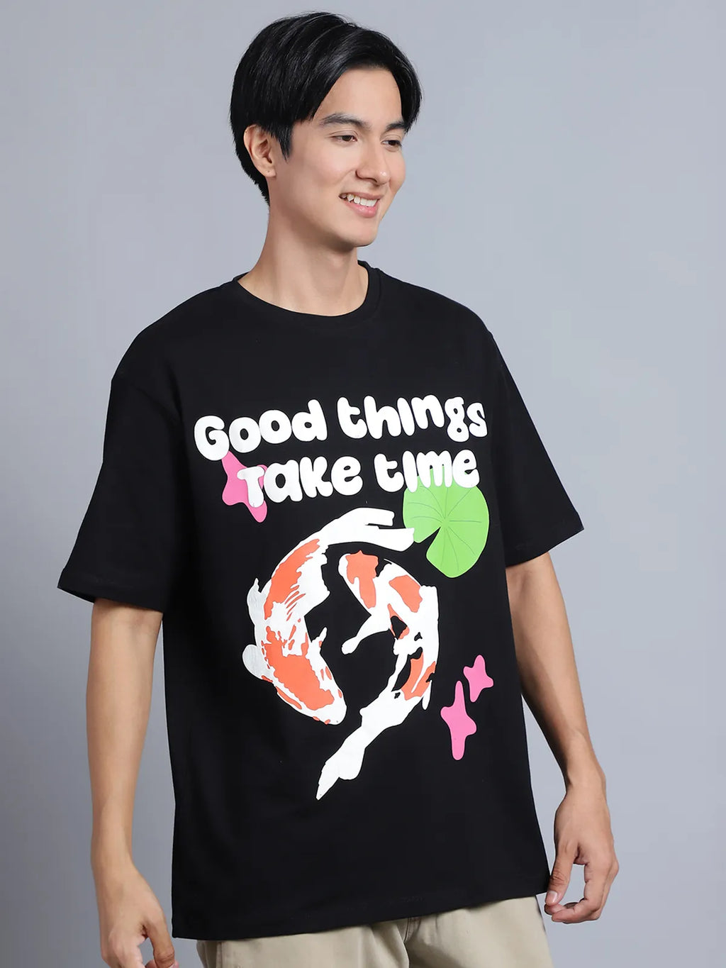 Black Cotton Printed Oversized Round-Neck T-shirt For Men