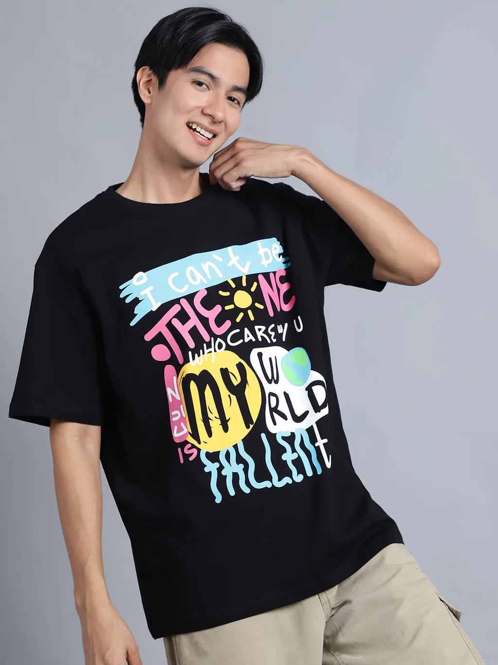 Black Slogan-Printed Oversized T-shirt For Men