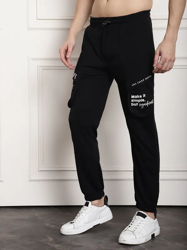 Black Cotton Printed Cargo Joggers For Men - M, Black image