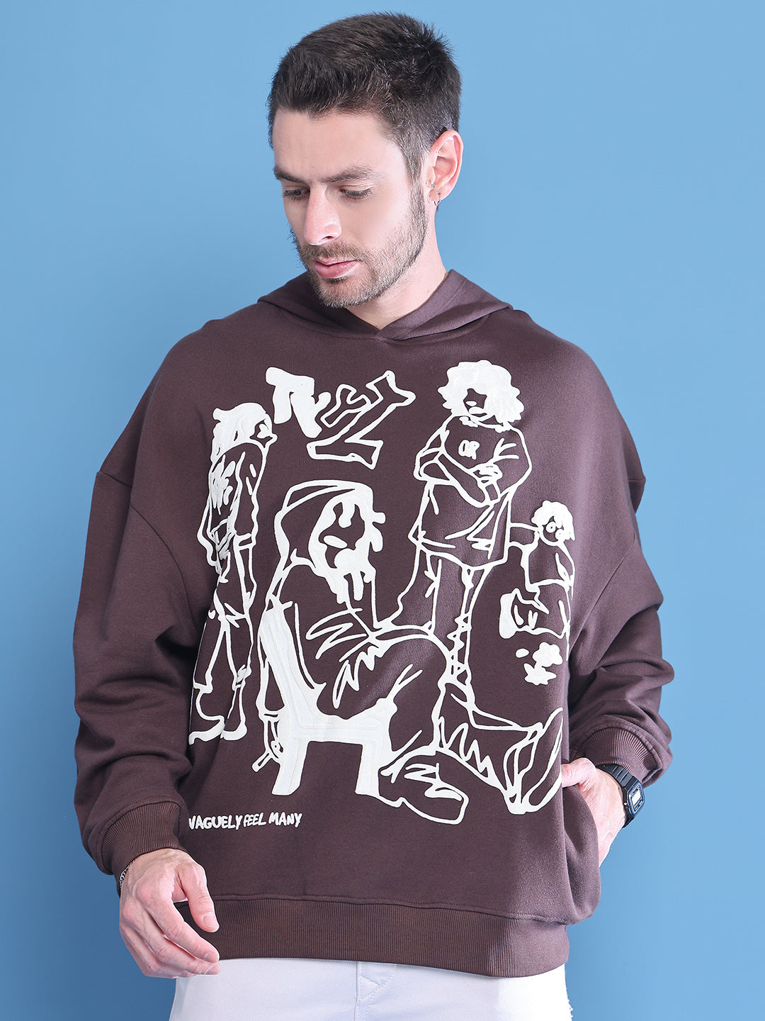 Brown Printed Hoodie For Men With Relaxed Street Style image 0