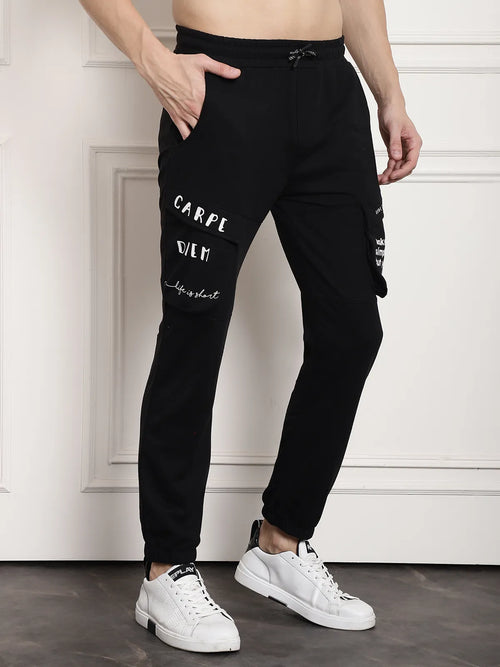 Black Cotton Printed Cargo Joggers For Men image 0