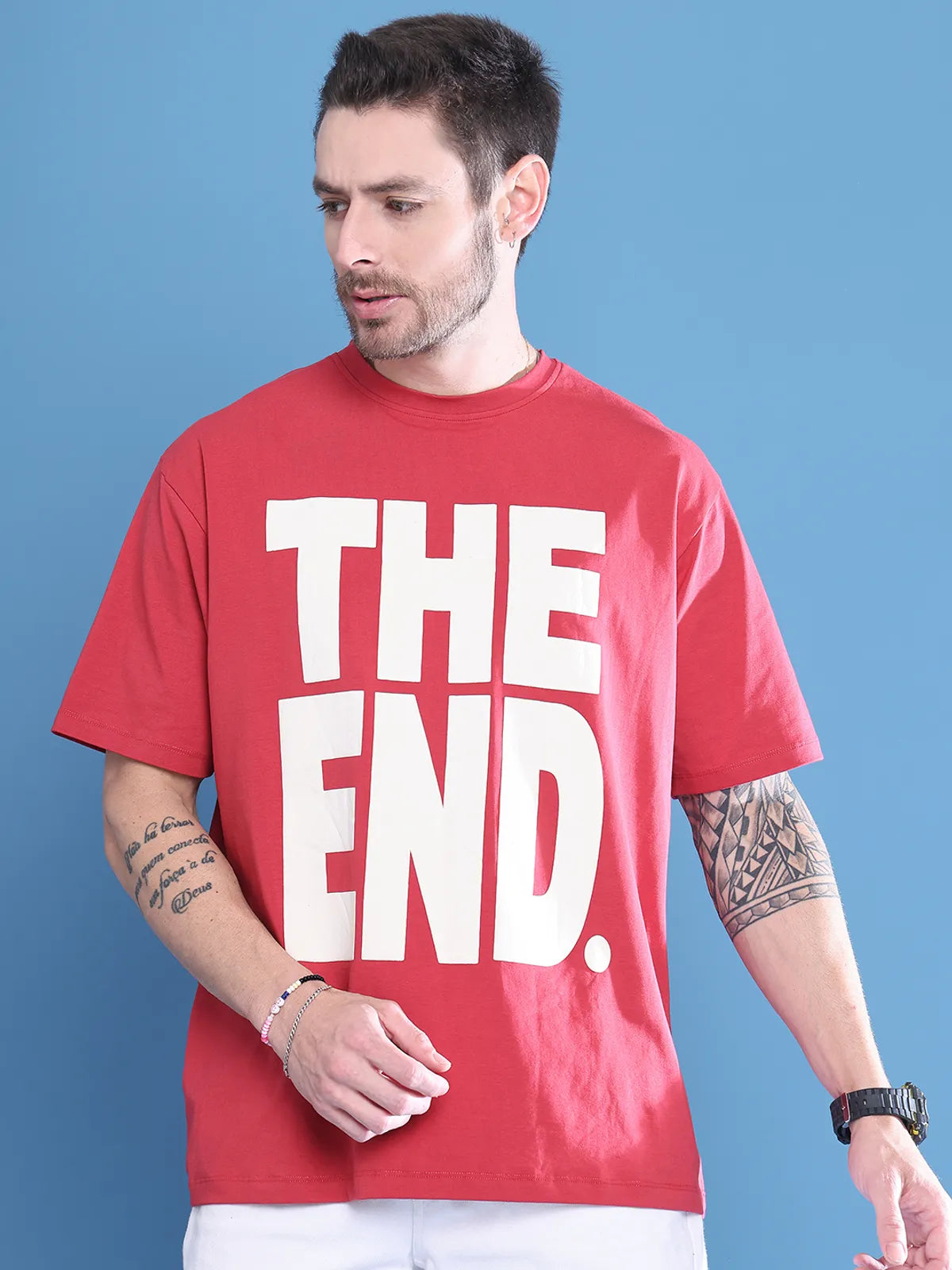 Red The End Graphic Tee for Men in Oversized Street Fit