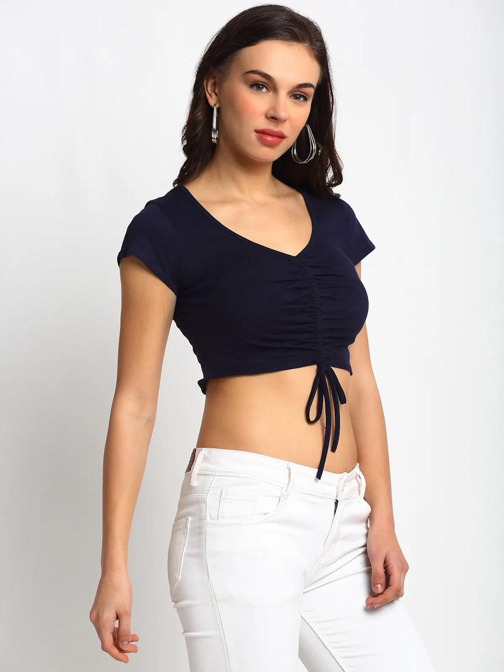 Stylish Navy Front-Gather Crop Women's Top - M image