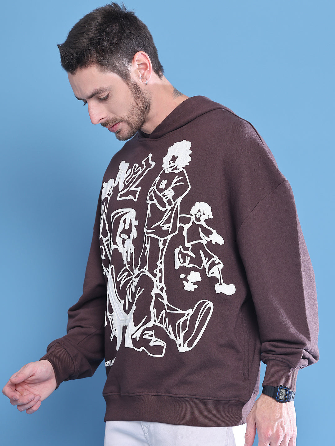 Brown Printed Hoodie For Men With Relaxed Street Style image 4