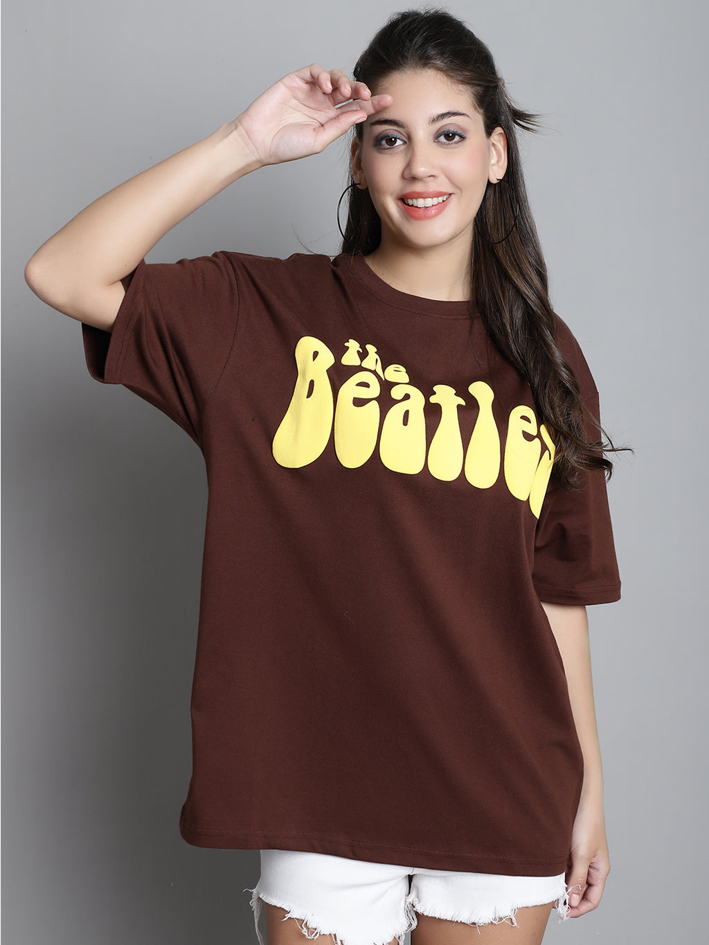 Typography Printed Drop-Shoulder Sleeves Cotton Oversized T-shirt - M, Brown image