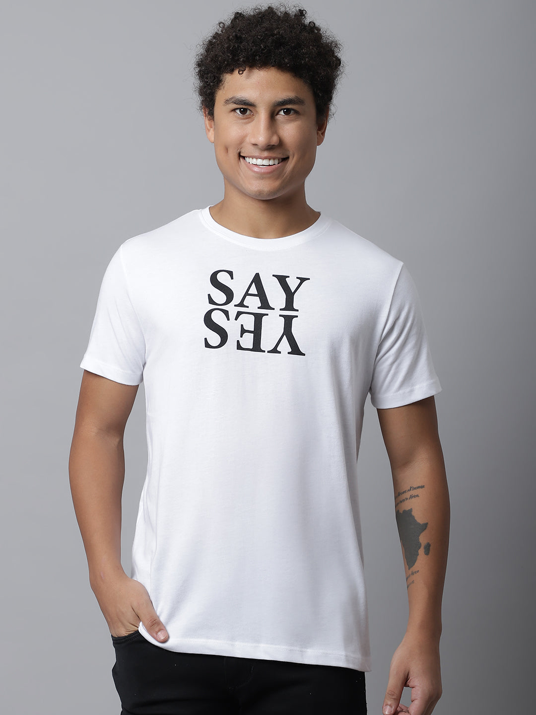 White Graphic T-shirt For Men With Say Yes Print image 0