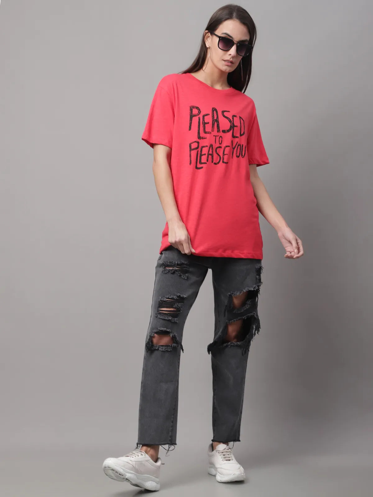 Red Cotton Printed Regular-Fit Round-Neck T-shirt For Women - S image