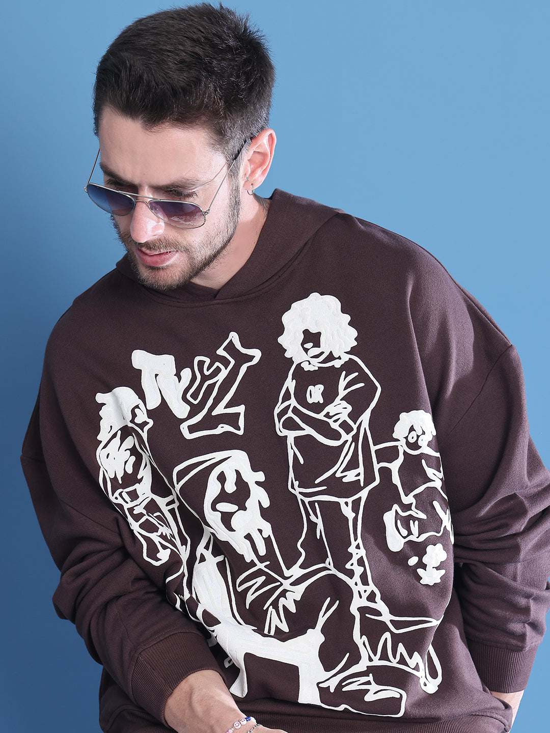 Brown Printed Hoodie For Men With Relaxed Street Style image 1